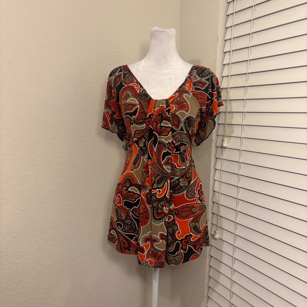 Groovy Retro Hippie Orange Paisley V-Neck Flutter Sleeve Knit Blouse Top Size L